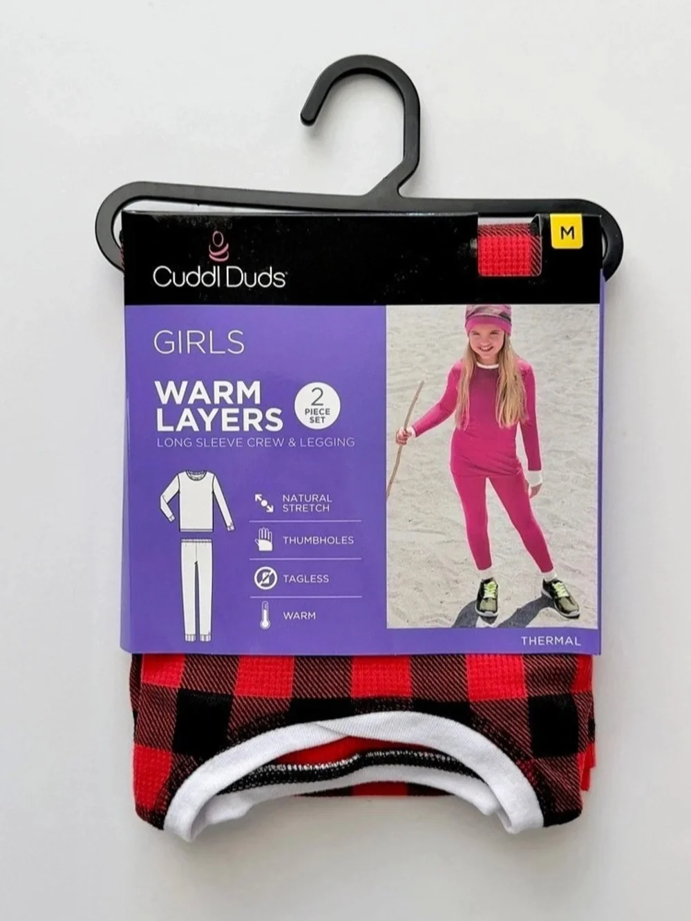 NWT Cuddl Duds Girls 2-Piece Thermal Set - Red & Black Buffalo Plaid Pattern
